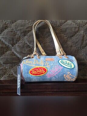 Von Dutch Y2K Blue Denim Barrel Bag – Gold & Pink Logo – NWT